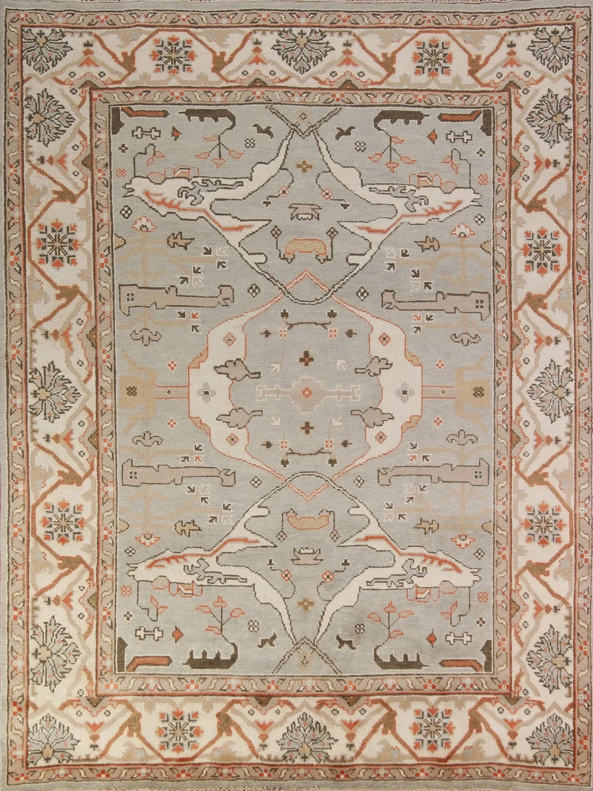 Hand Knotted Oushak Rug Wool Area Rug Muted Gray Blue Cream Rust 8×10 9×12