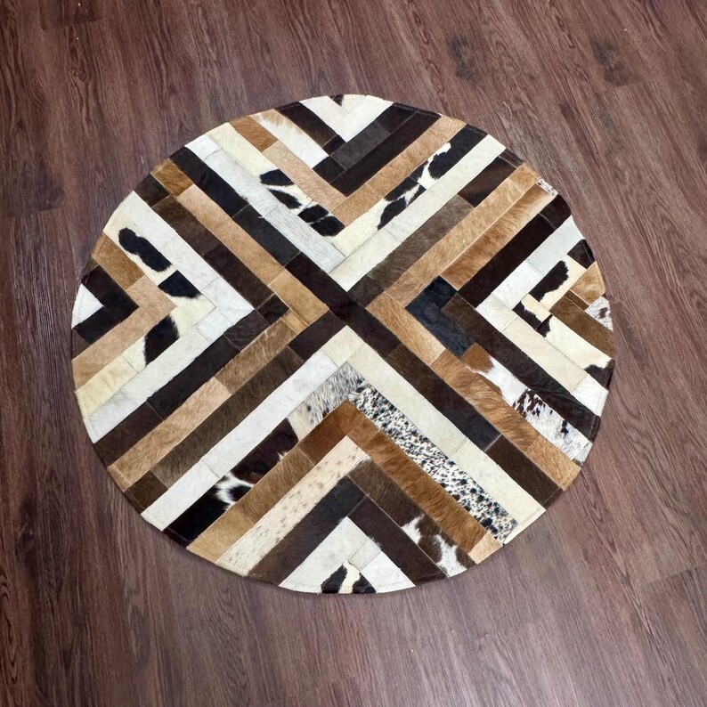 Round Cowhide Patchwork Rug Genuine Leather Circle Area Rug Handmade Carpet