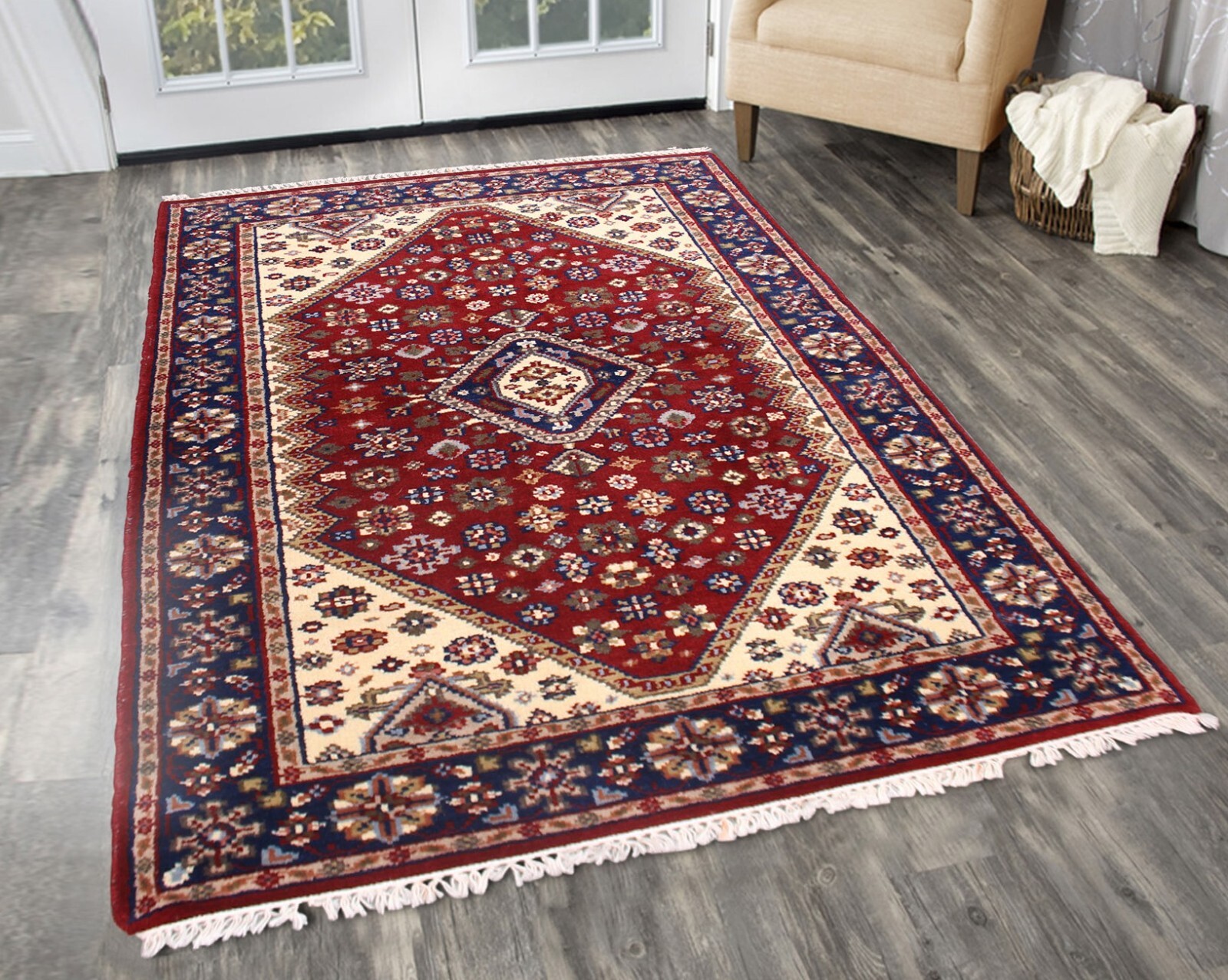 Hand-Knotted Wool Carpet Red Herize Serapi Geometric Turkish Area Rug 5×8 ft