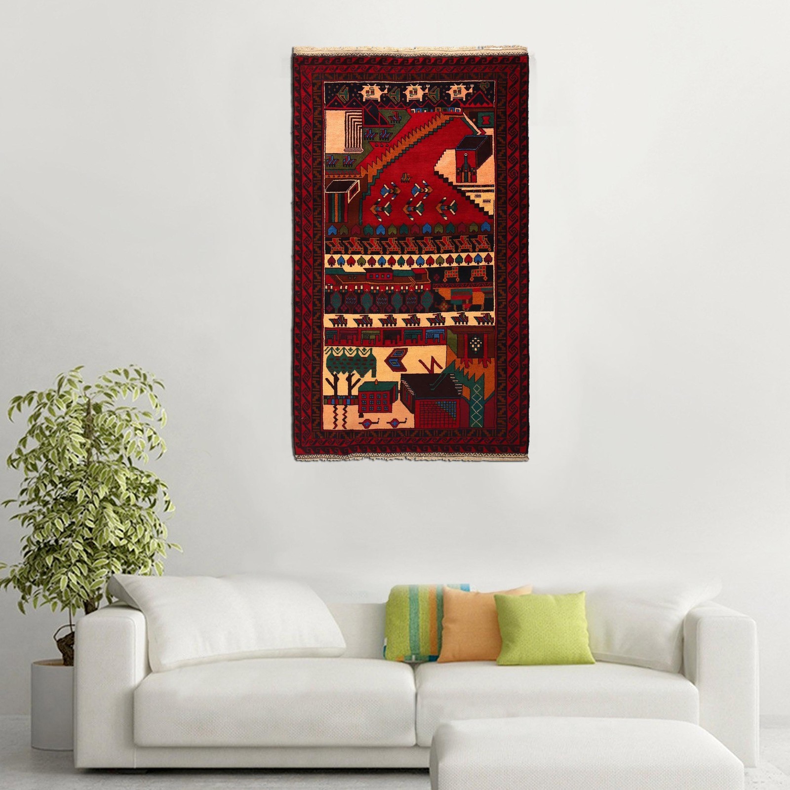 Pictorial Hand Knotted Tribal Pictorial Village Scenery Wool Rug 3’9×6’7ft 11659