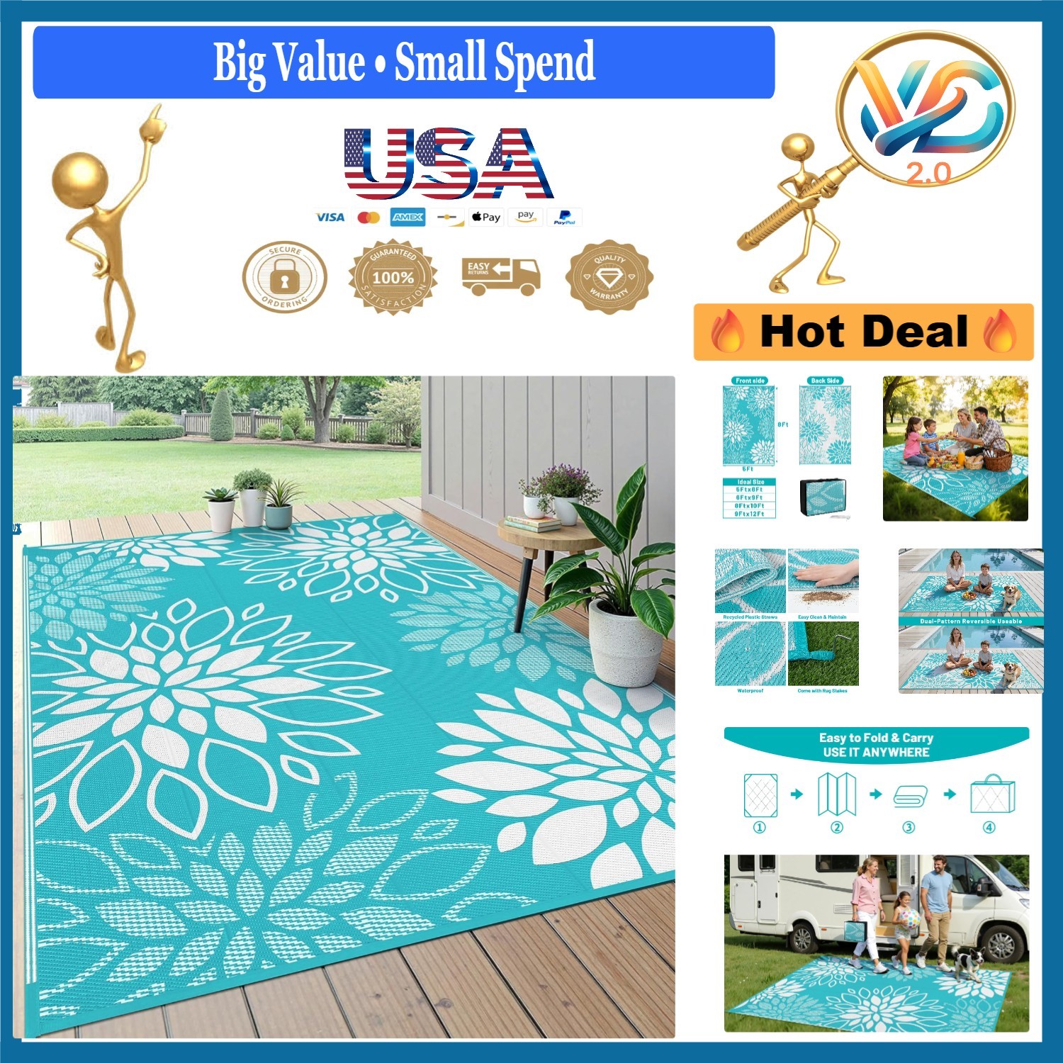 Reversible Waterproof Outdoor Rug 5×8 Floral Patio Mat Durable Plastic