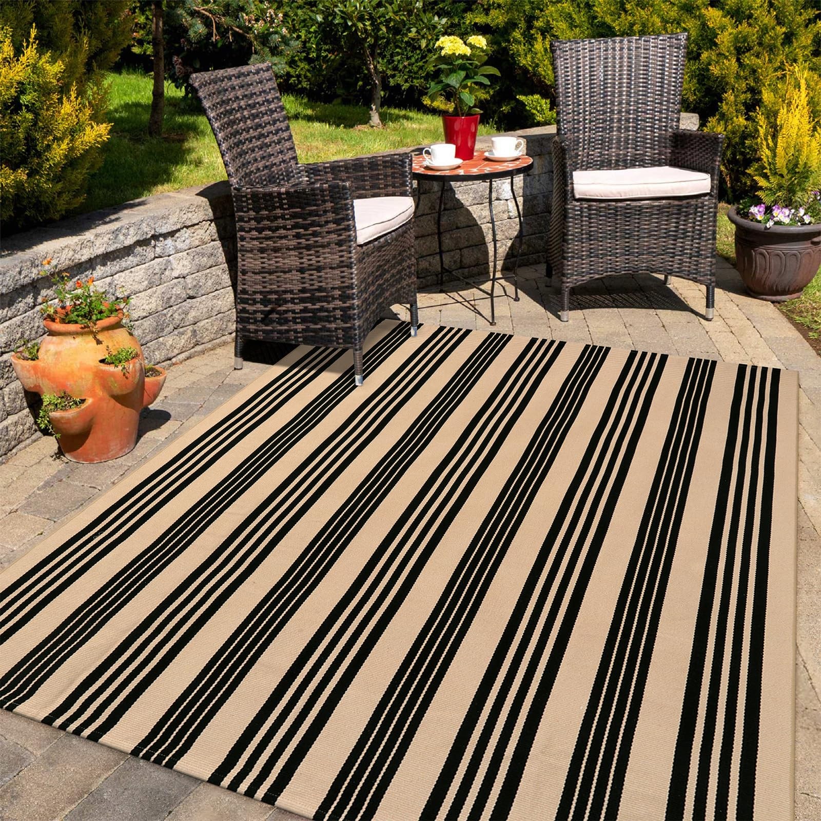 Kimode Indoor Outdoor Rug 5X7 Black And Khaki Striped Outdoor Rugreversible