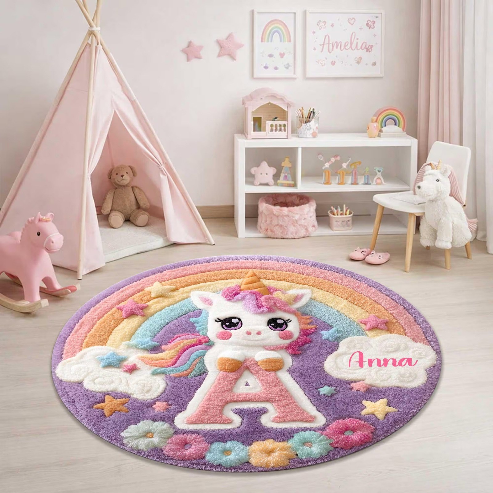 Personalized Unicorn Round Rug Cute Rainbow Nursery Rug Custom Girls Room Gift