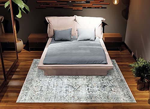 Caria Washable Non-Slip 3×5 Rug – Ivory/Gray/Caramel Traditional Area Rug for
