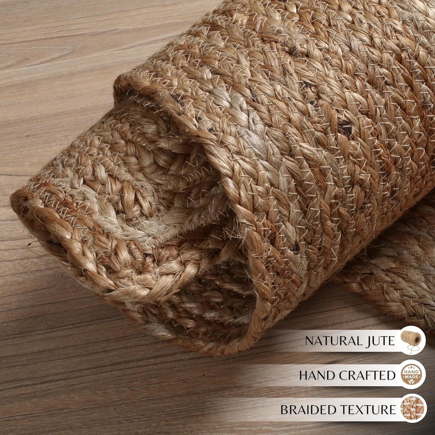 Ramanta Home Hand Woven Jute Braided Rug 2’X3′ – Natural, Boho Reversible Floor