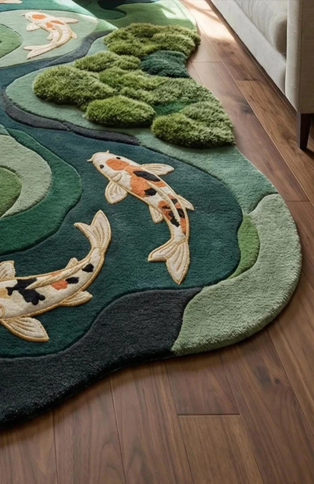 Hand Tufted Koi Fish Pond Rug, Irregular Moss Green Area Rug, Nature Inspired