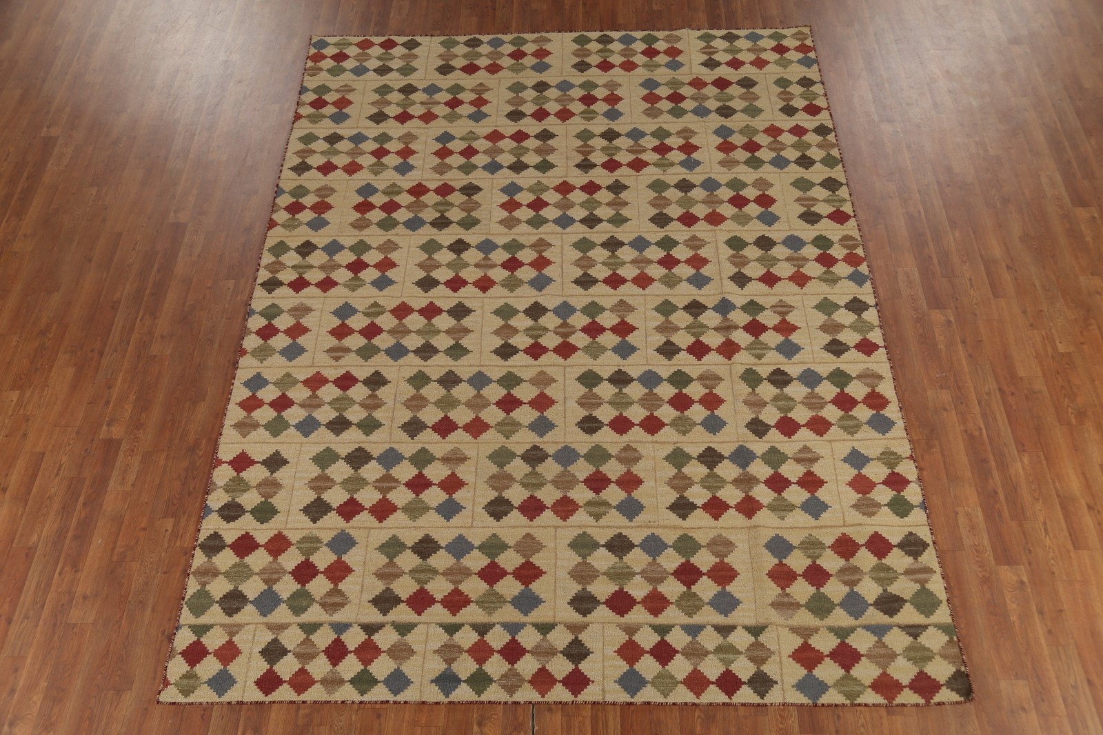 Geometric Kilim Oriental Area Rug 8×10 Diamond Wool Hand-woven Reversible Carpet