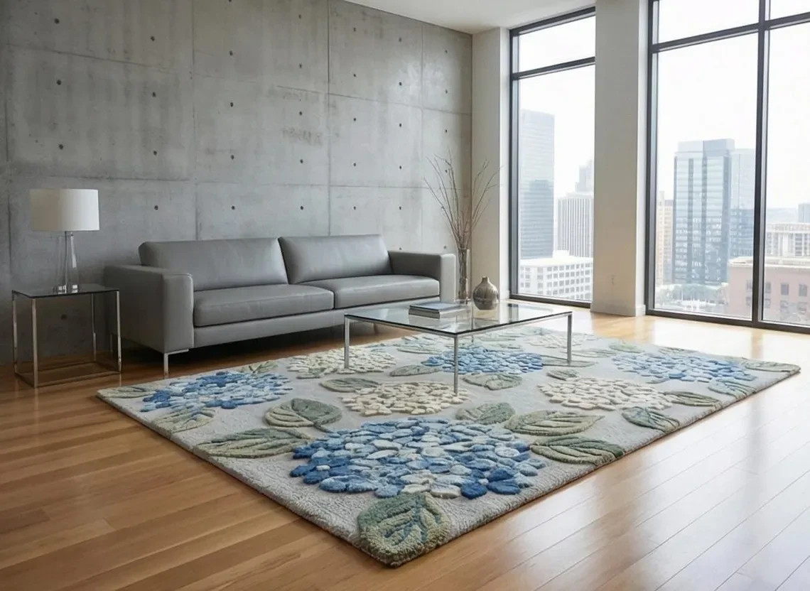 Hand-Tufted Wool Rug – Blue & Cream Hydrangea Floral Area Rug – Textured Carpet