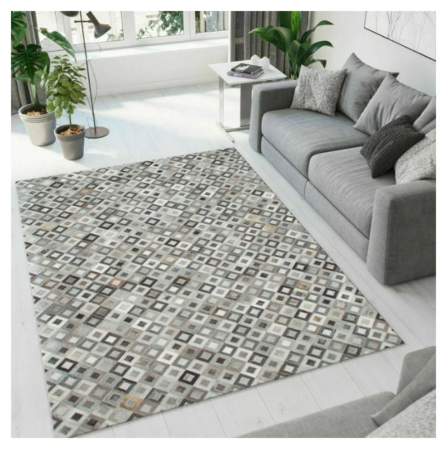 Handmade Premium Cowhide Leather Rug for Living Room, Geometric Pattern Area Rug