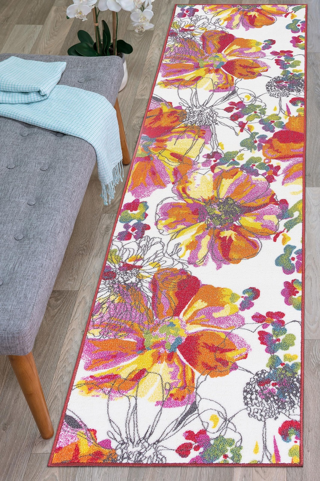 Modern Bright Flowers Non-Slip (Non-Skid) Area Rug Runner 2′ X 7′ (22″ X 84″)
