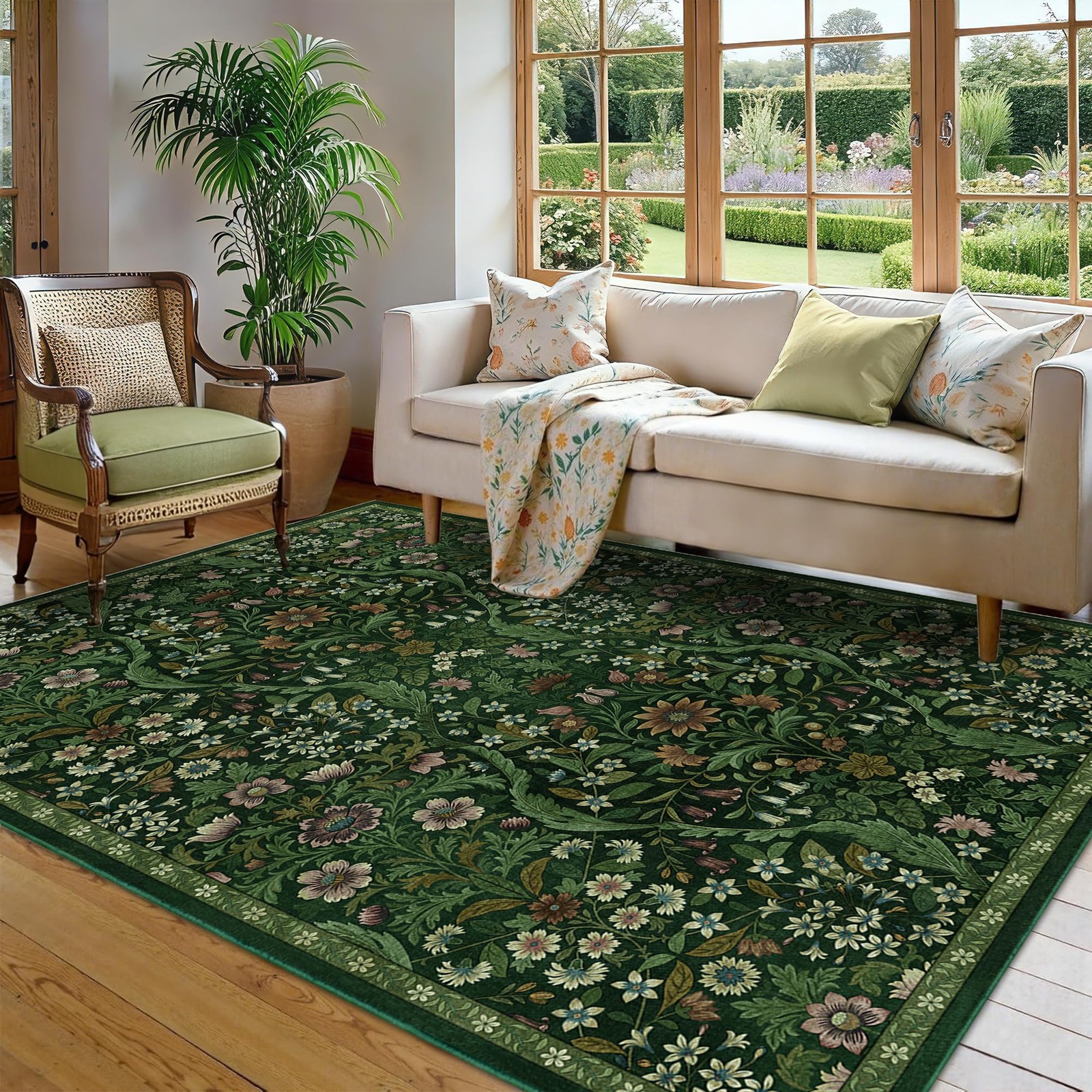 5×7 Dark Green Washable Floral Area Rug Vintage Boho Soft Low-Pile Stain
