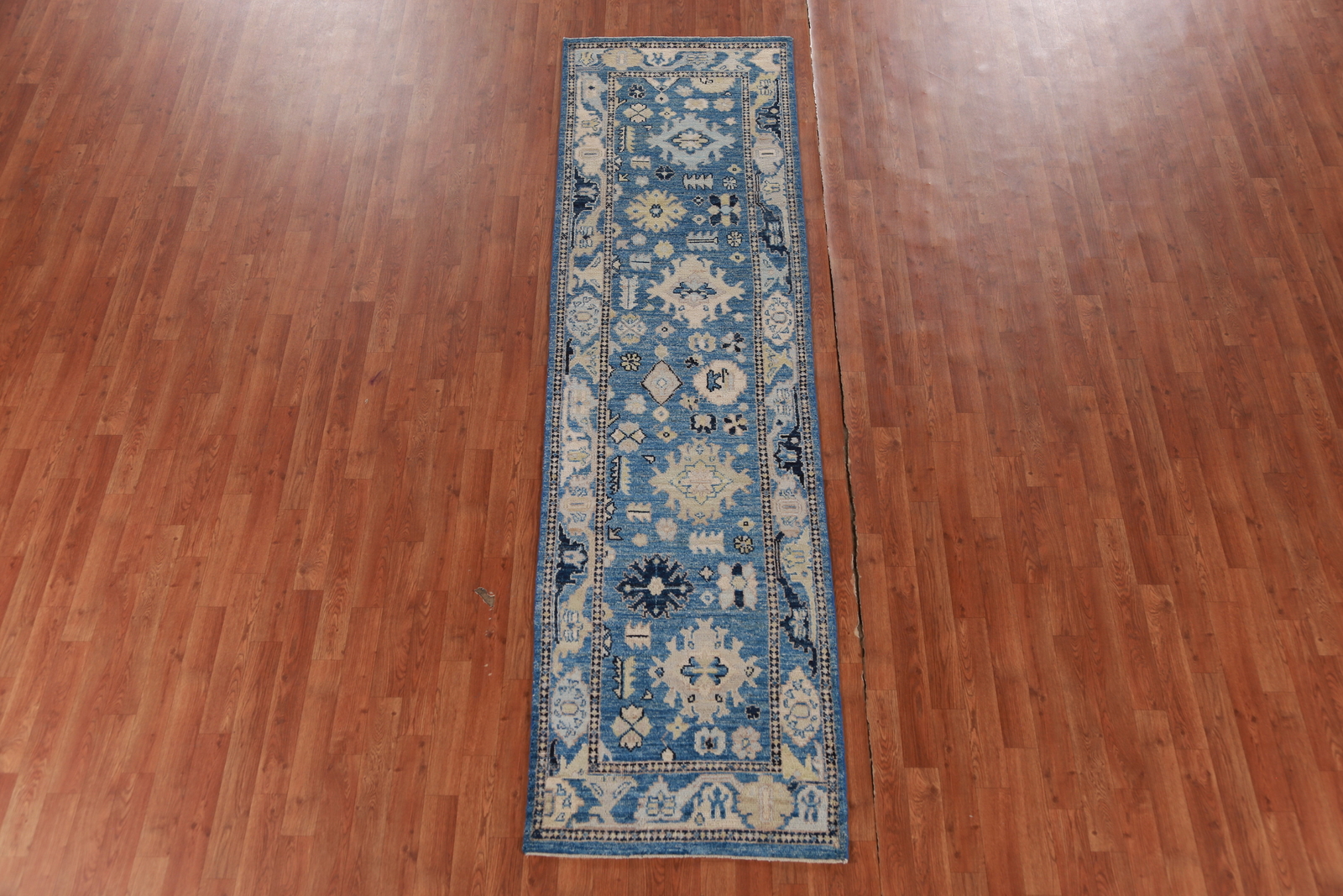 Blue Vegetable Dye Oushak Turkish Handmade Wool Runner Rug for Hallway 3×10 ft