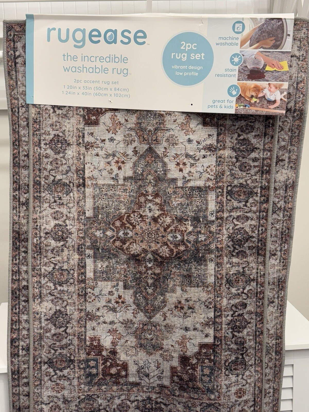 2PC Vintage Distressed Washable Accent Rug Set 20×33 24×40 Neutral Brown Gray