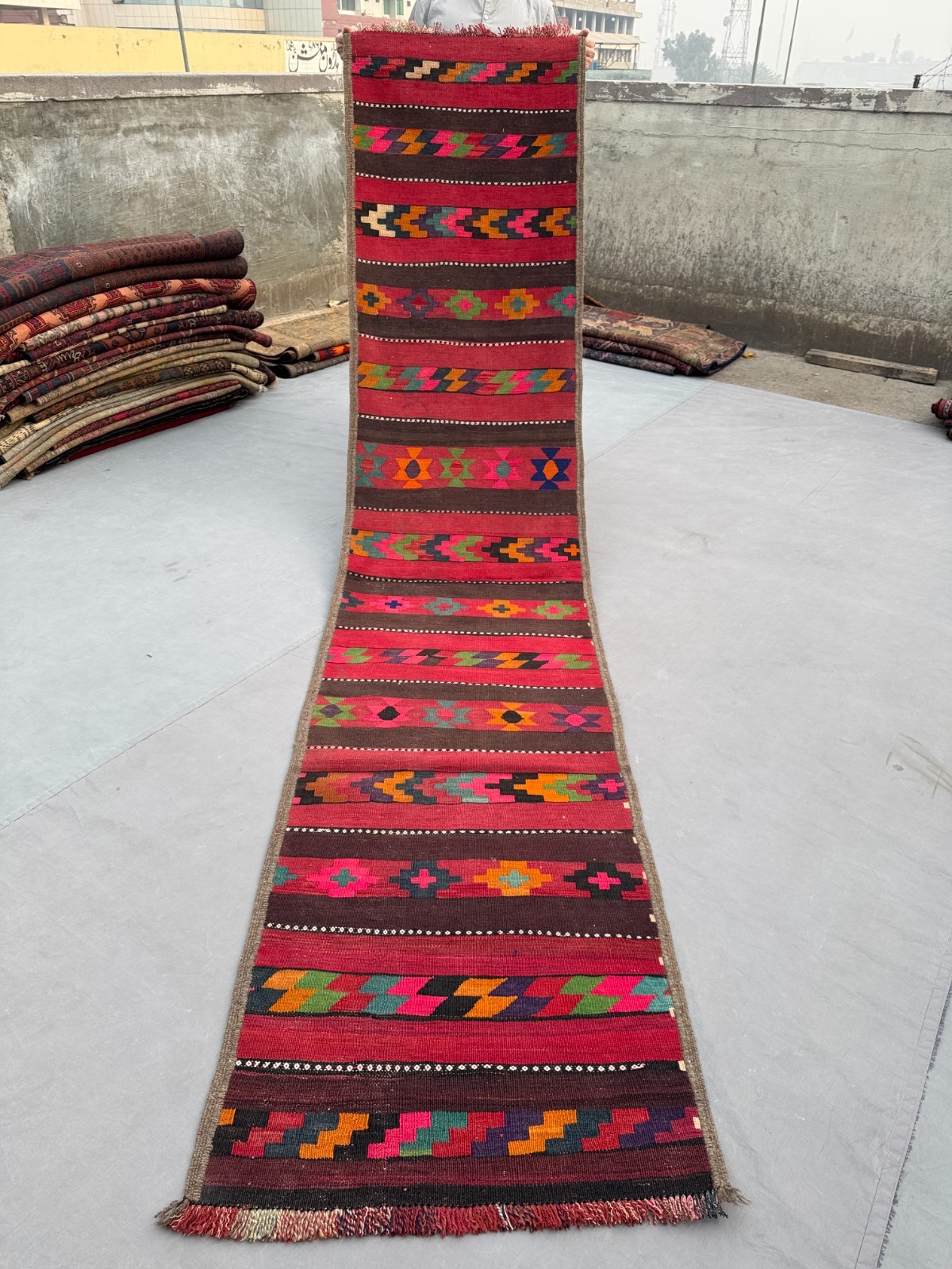 2’3 x 10’1 Ft Vintage Afghan Tribal Kilim Runner – Colorful Geometric Stripe Rug