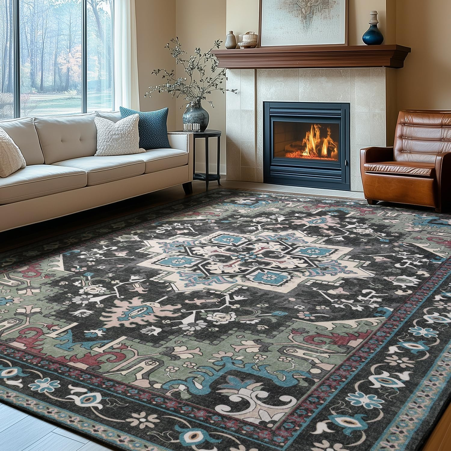 Machine Washable 9×12 Dark Green Area Rug – Soft Non-Slip Vintage Carpet