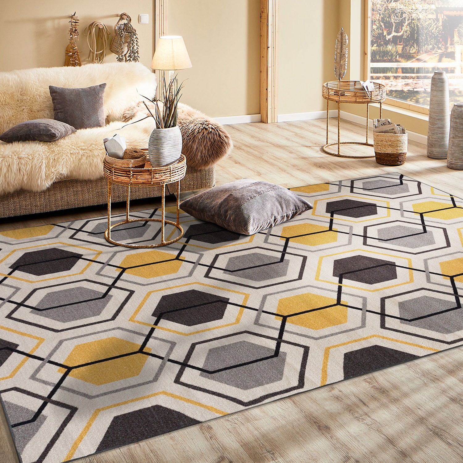 Rugshop Area Rug Contemporary Geometric Stripe Non-Slip Rugs Yellow Rugs 5×7 Rug