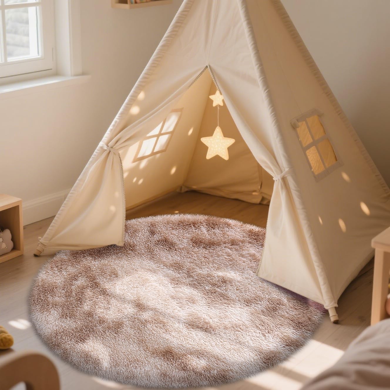 Beige Tie-dye Round Rugs for Bedroom – Machine Washable, 4×4 Feet Circle Area…