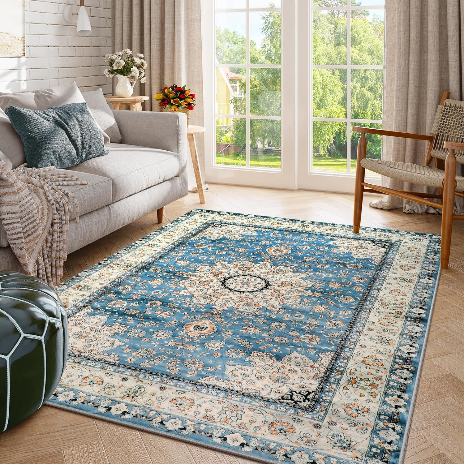 Felice Oriental Floral Medallion Area Rug – 5×7 Large Blue Distressed Living Bed