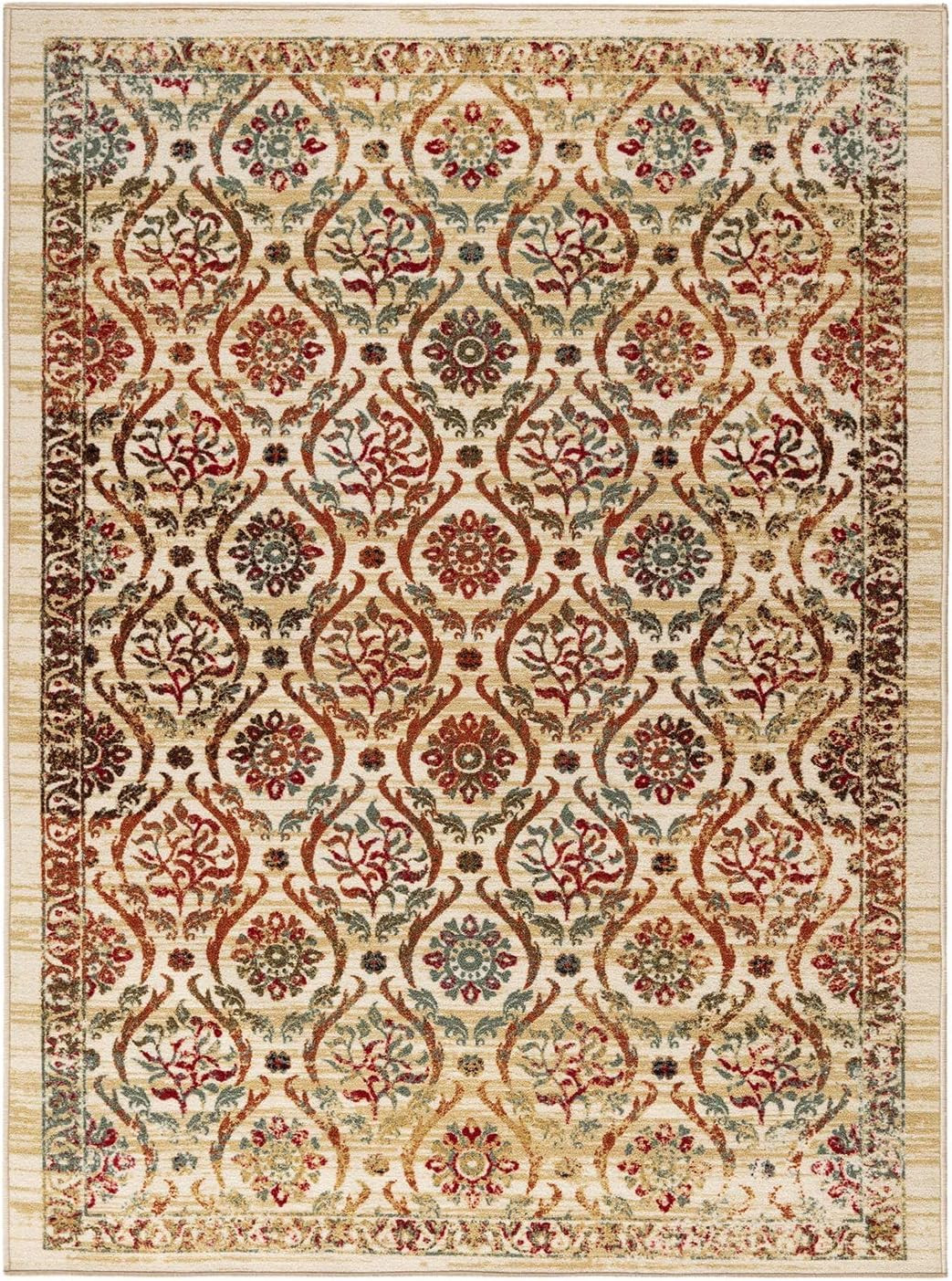 Non-Slip Floral Geometric Area Rug 4′ x 5’8″ Beige Multi Rubber Backing