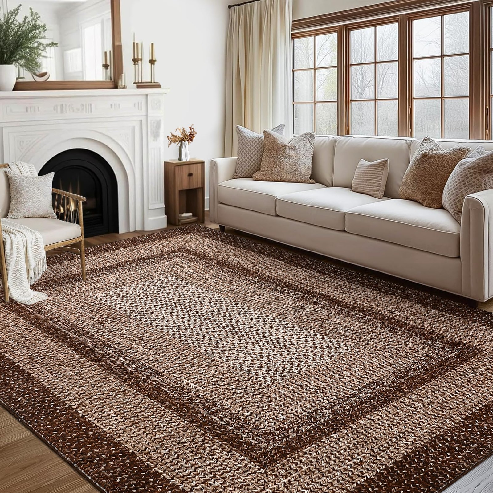 RUGSREAL 5×7 Brown Boho Braided Area Rug Washable Non Slip