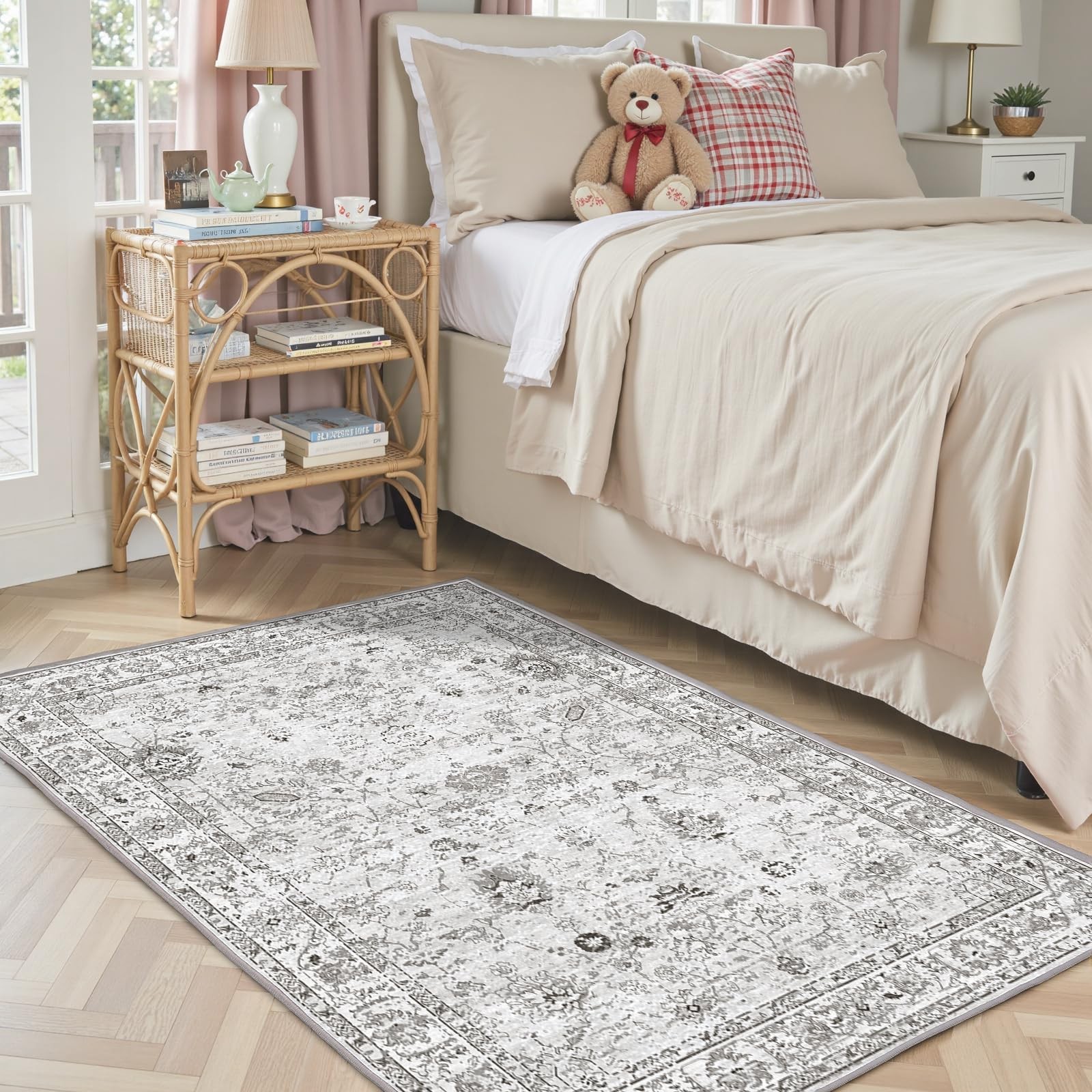 Grey White Floral Machine Washable Rug Non Slip Soft Bedroom Entry 3×5 Ft