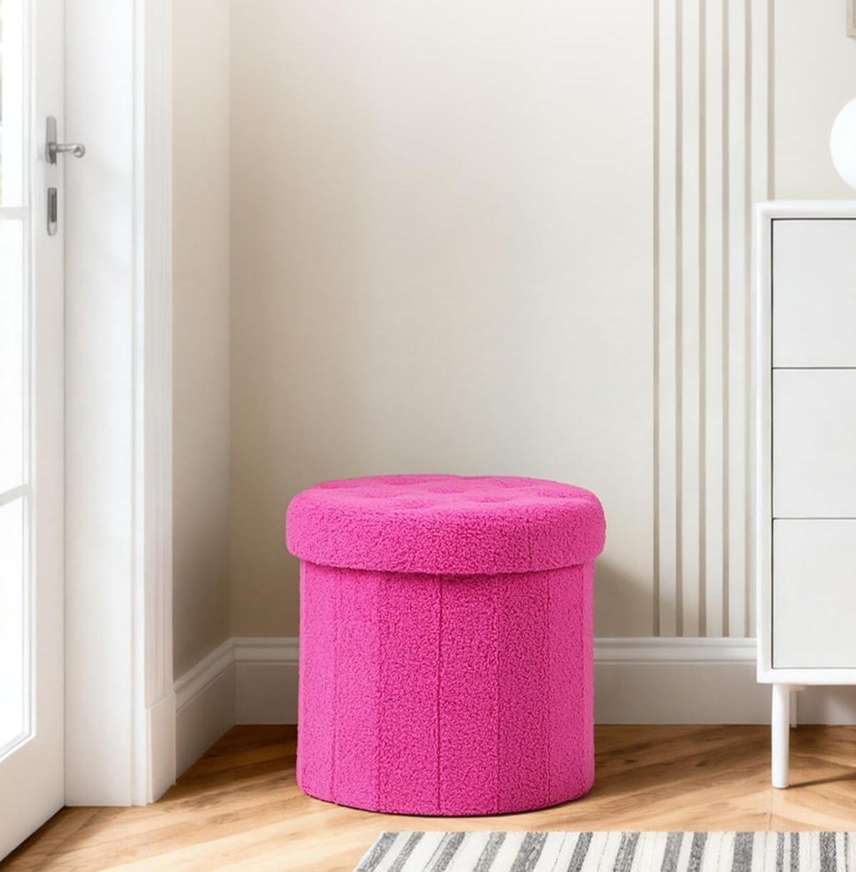 Round Storage Ottoman Foot Stool and Poufs Ottoman, Teddy Velvet Ottoman Foot