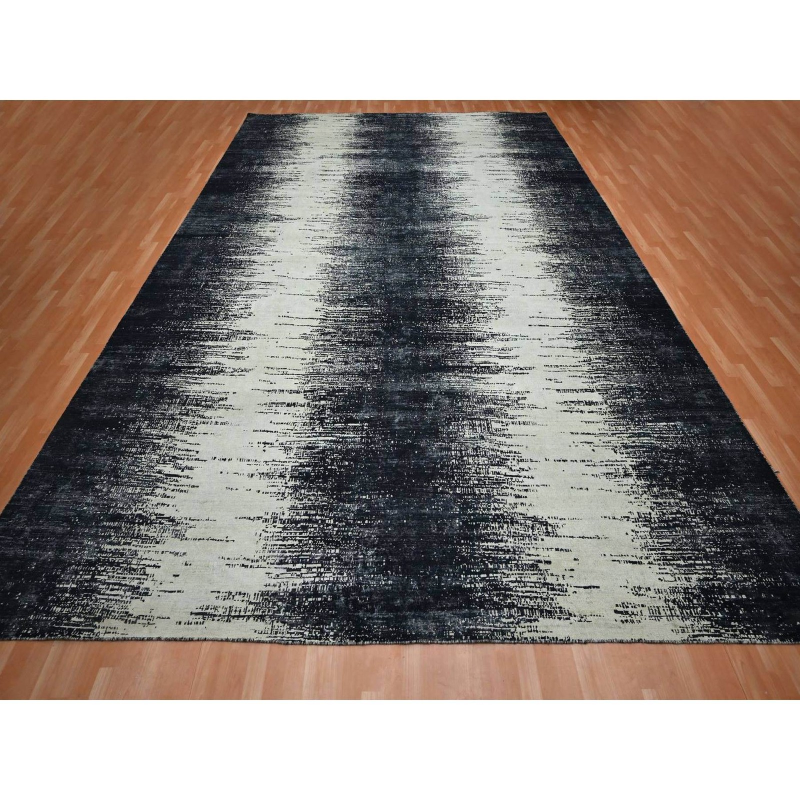 11’9″x15′ Ivory & Black Horizontal Ombre Design Hand Knotted Wool XL Rug 75927