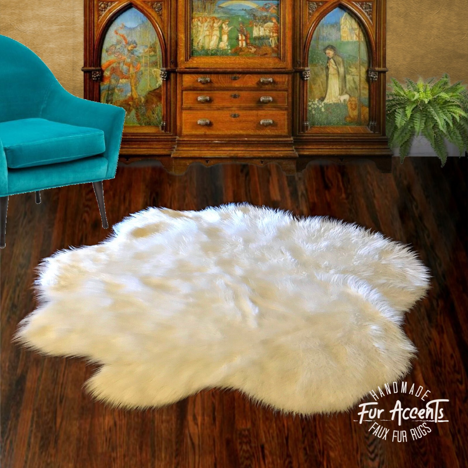 White Shag Fur Rug Random Edge Area Rug, Plush Shag 4′ x 5′ Handmade FUR ACCENTS