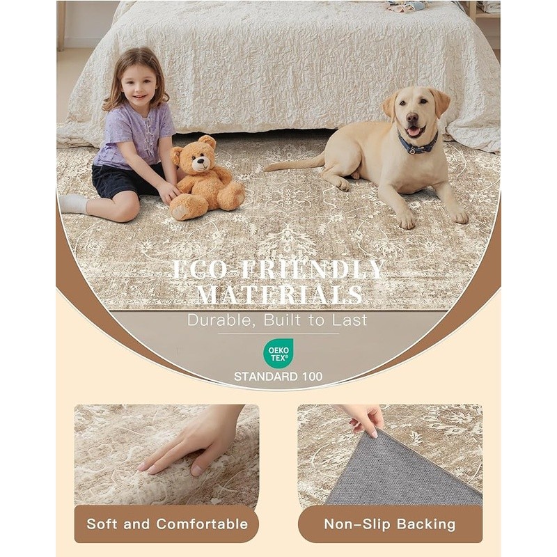 Machine Washable Soft Area Rug Non-Slip Backing Eco-Friendly Kids Pets Friendly