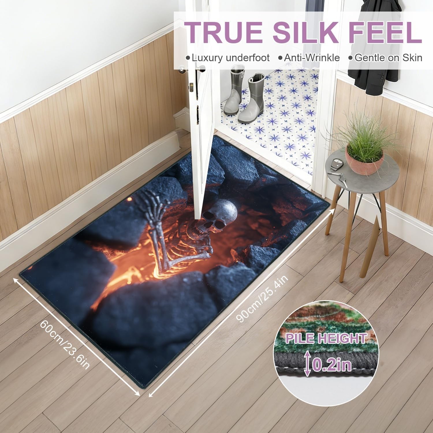 Washable 2×3 Foot Entry Rug Dark Gothic Skeleton Non Slip Black Fire Design