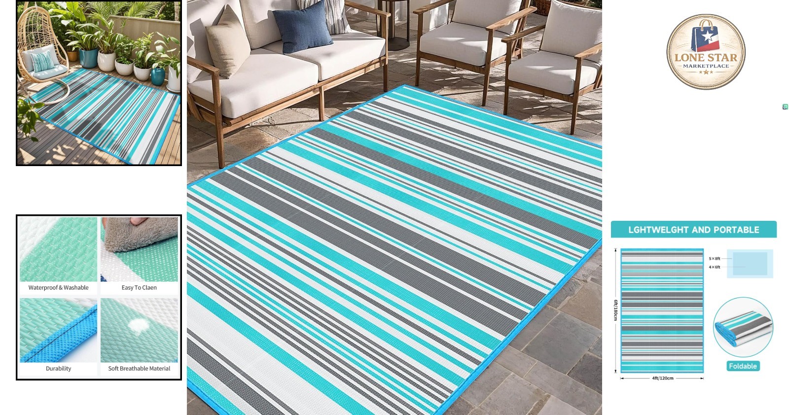 Durable Blue & Grey Outdoor Rug – Waterproof, Foldable 4×6 Foot Area Carpet