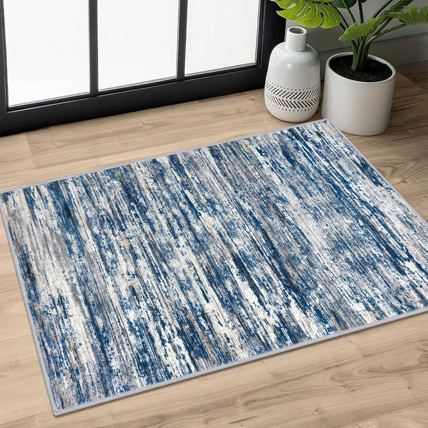2X3 Modern Abstract Rug for Entryway, Navy Blue Gray Neutral Multi Super Soft Sm