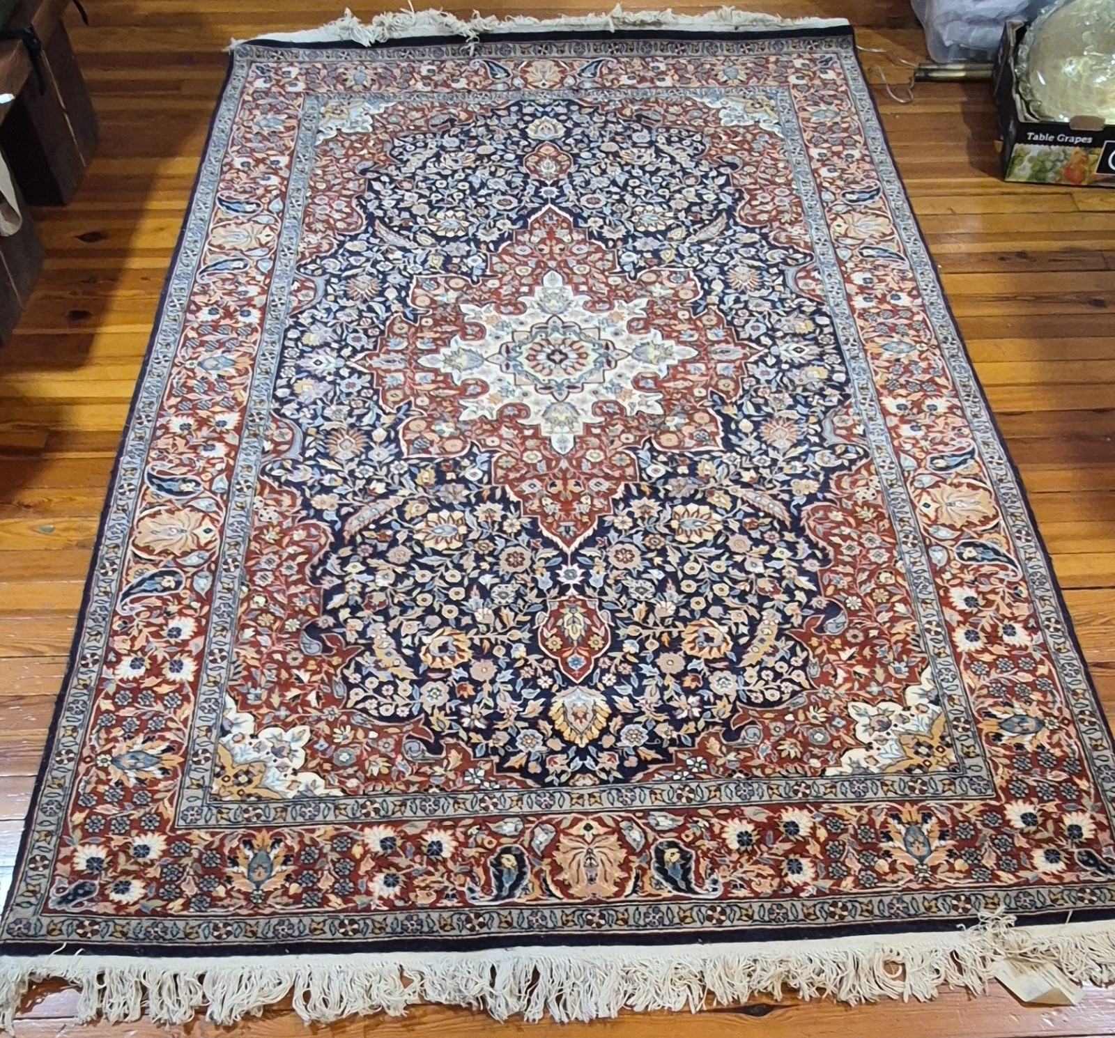 Hand-Knotted Medallion Rectangle Area Rug 100% Wool 7’1″×4’7″ Navy Red Beige