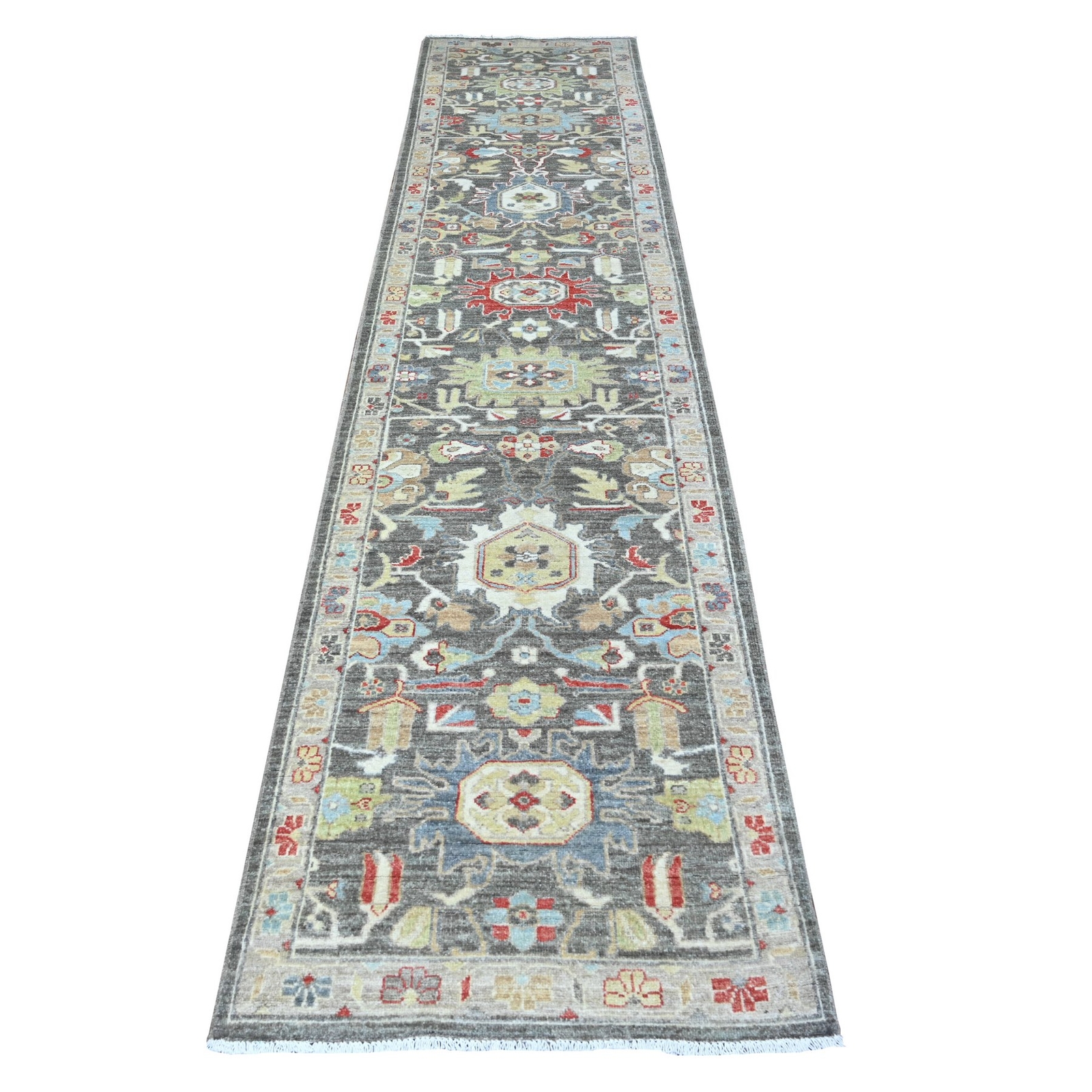 2’8″ x 11’10” Jet Gray Hand Knotted Pure Wool Fine Peshawar Runner Rug R88468