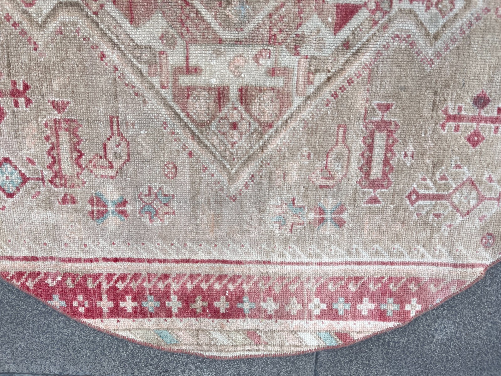 3.5 ft Round Vintage Turkish Rug Medallion Muted Red Beige Circle Small Area Rug