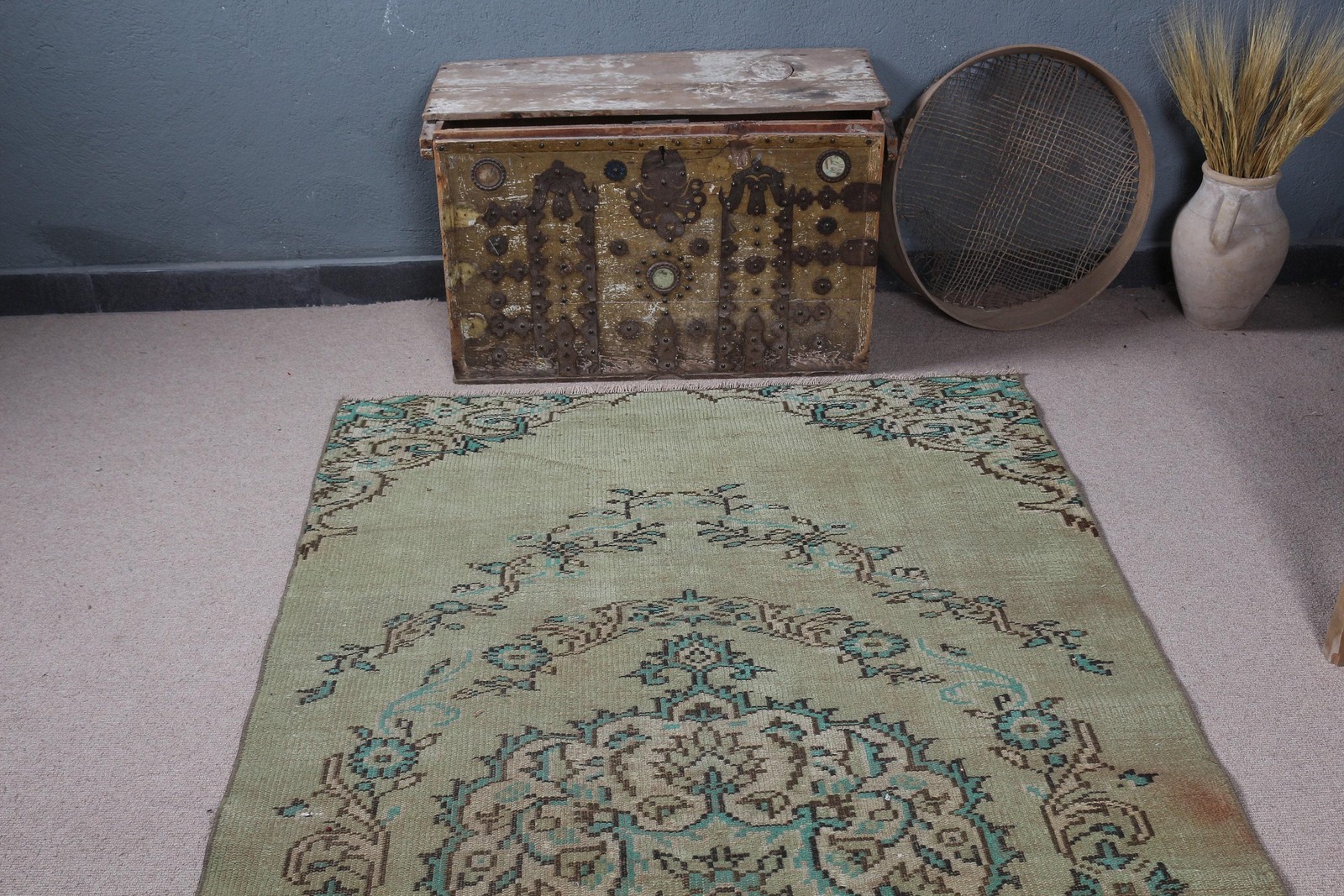 Turkish Rug, Area 4,3×8,2 ft Vintage Rug, Green Blue Southwestern Wool Rug