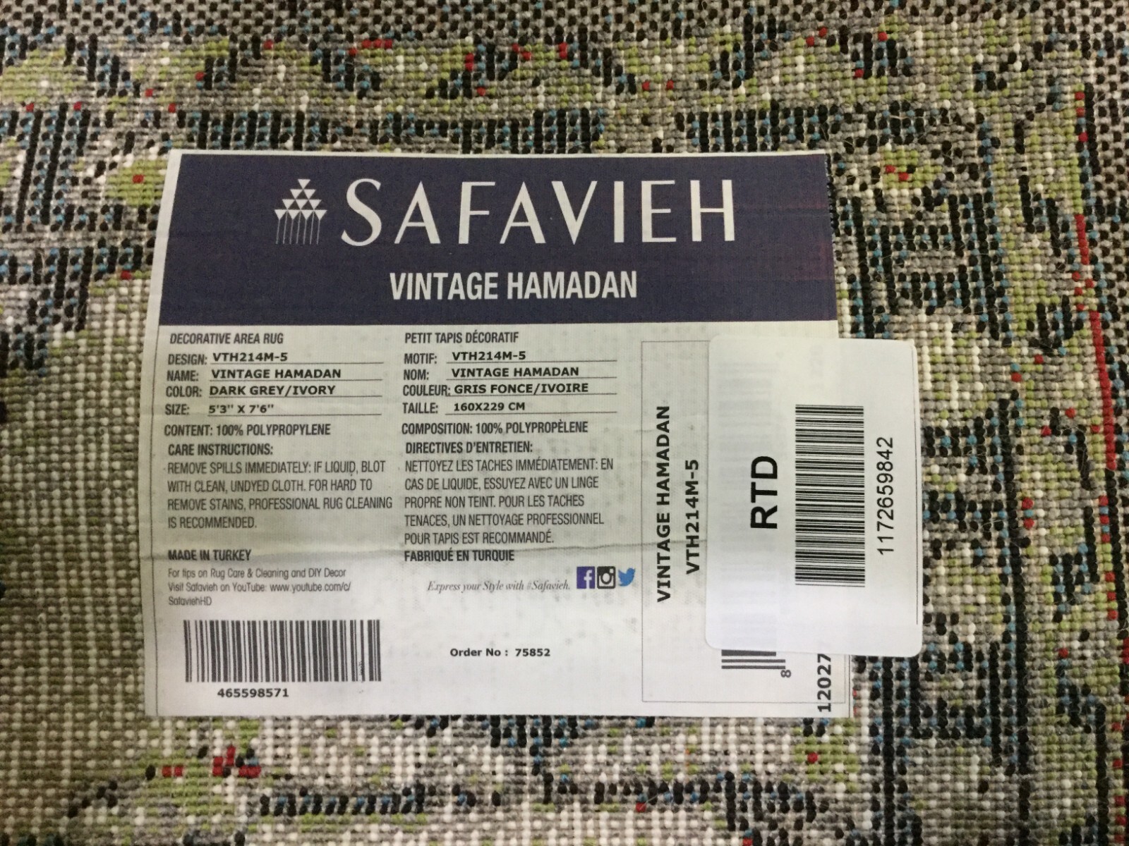 DARK GREY / IVORY 5′-3″ X 7′-6″ Flaw in Rug, Reduced Price 1172659842 VTH214M-5