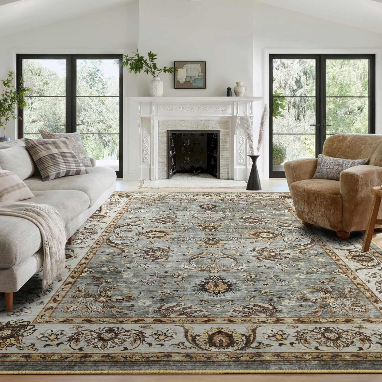 8X10 Ft Extra Large Washable Area Rugs for Living Room, Thin Floral Vintage Prin
