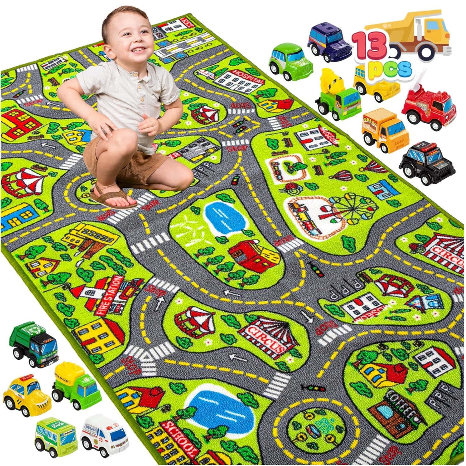 58.5″ x 31.5″ Toddler Carpet Playmat with 12 Pull-Back Vehicles for Fun Learning