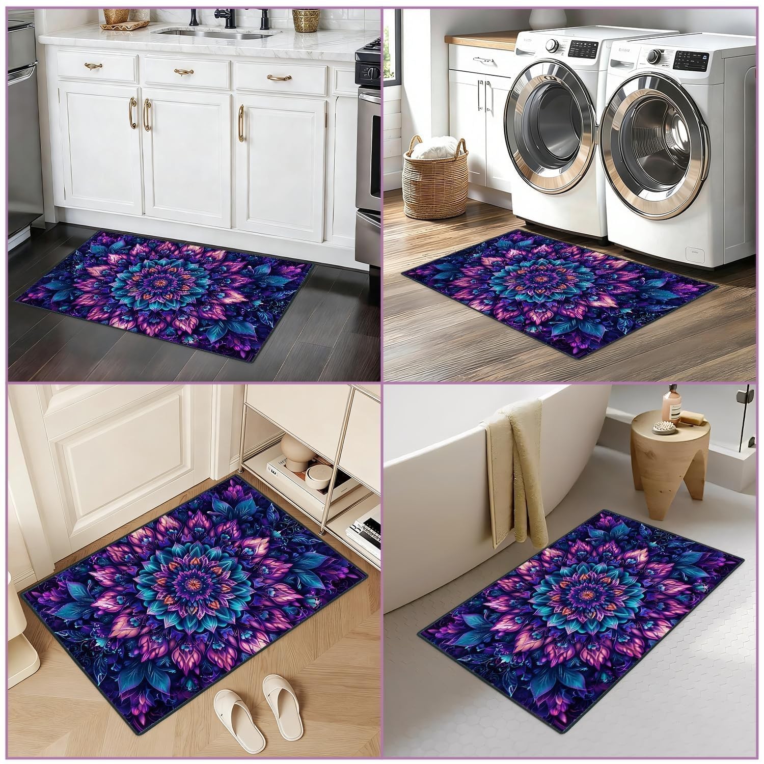 Floral Mandala 2×3 Entryway Rug, Purple & Teal Bohemian Small Accent Rug, Was…