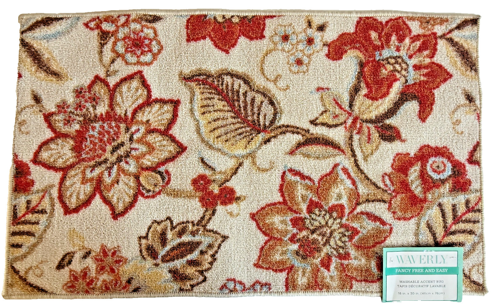 Waverly Jacobean Floral Washable Rug 18×30″ Beige Red Orange Non-skid Back