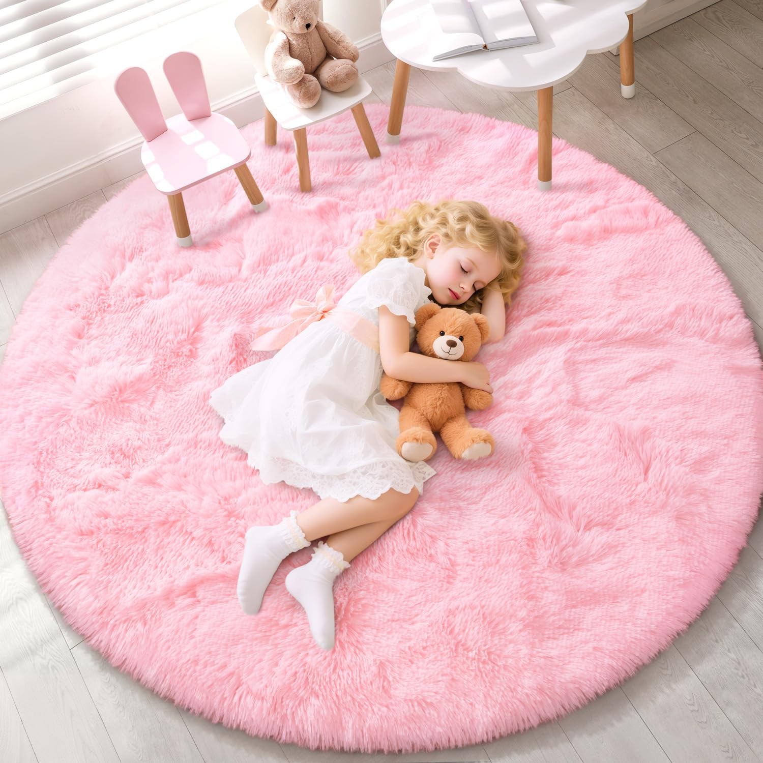 Pink Round Rug for Bedroom, 4×4 Ft Fluffy Soft Circle Area Rugs for Living Ro…
