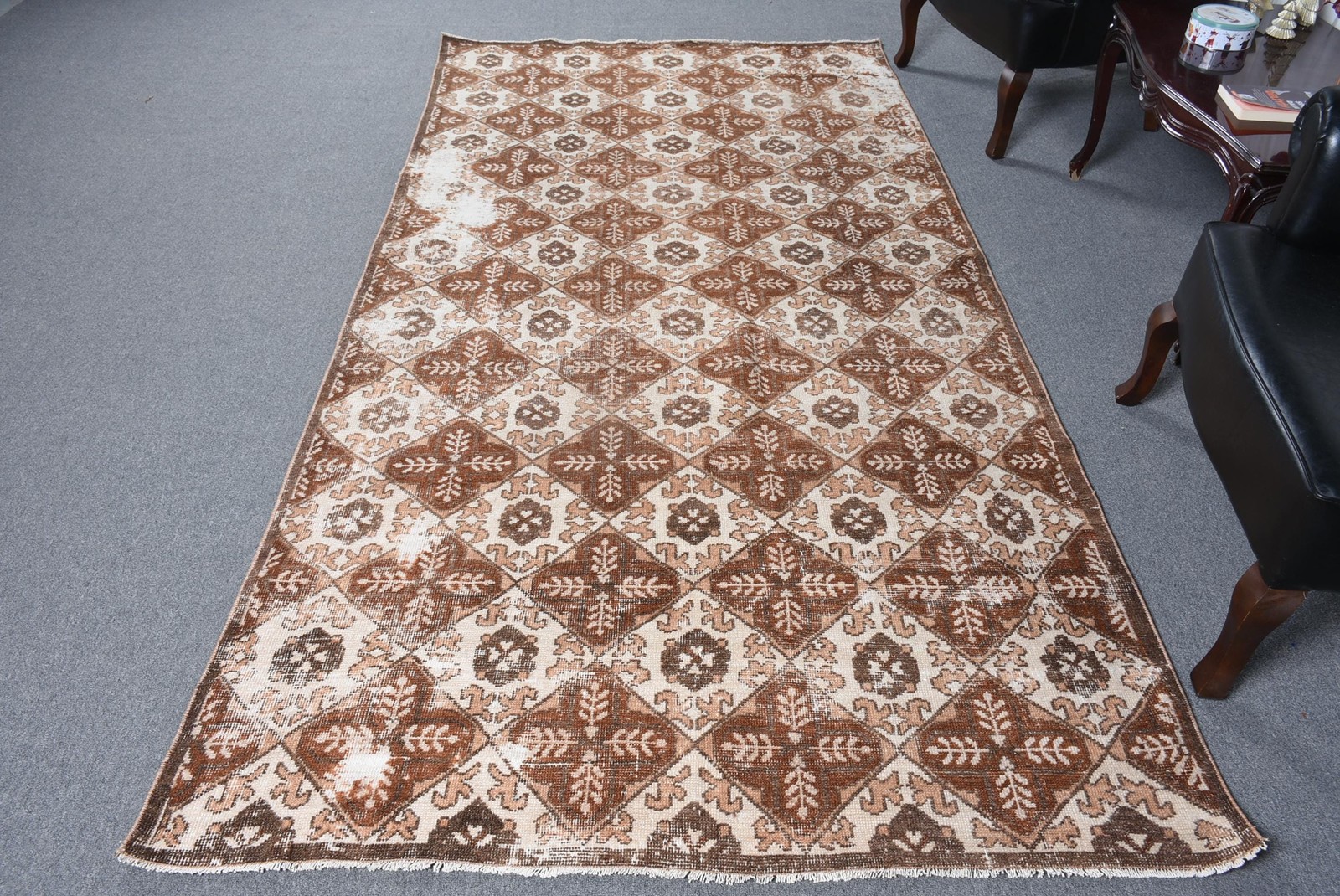 Vintage Rug, 4,8×9,4 ft Turkish Rug, Brown Camouflage Wool Rug