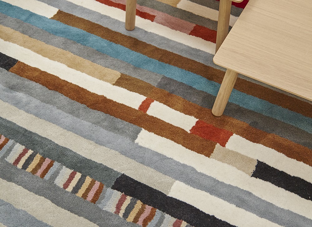 Hand Tufted Wool Striped Area Rug Modern Abstract Blue Brown Custom Carpet