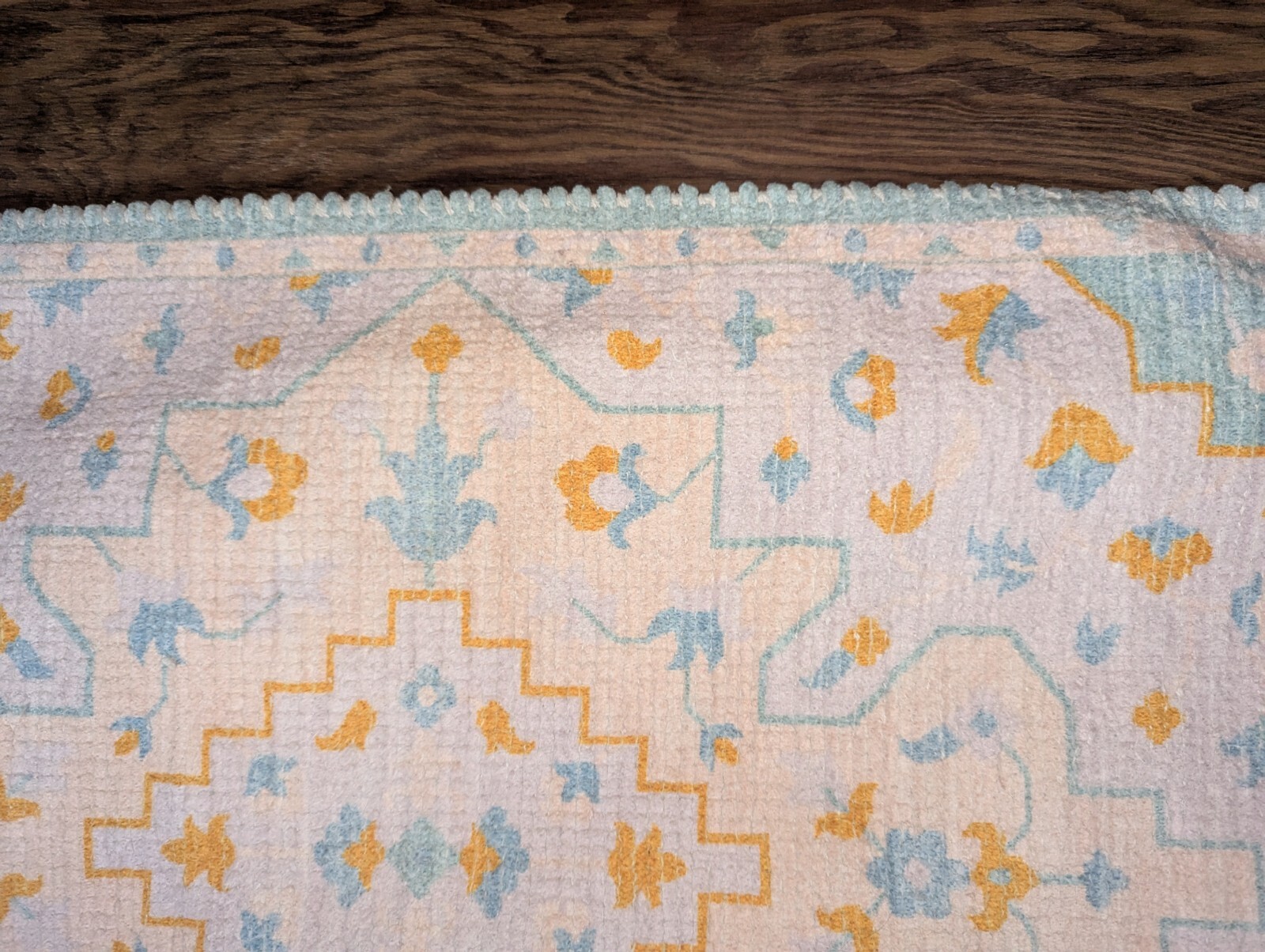 ANTHROPOLOGIE Boho 21″ by 43″ Area RUG Fringed Yellow Teal Cream Blue