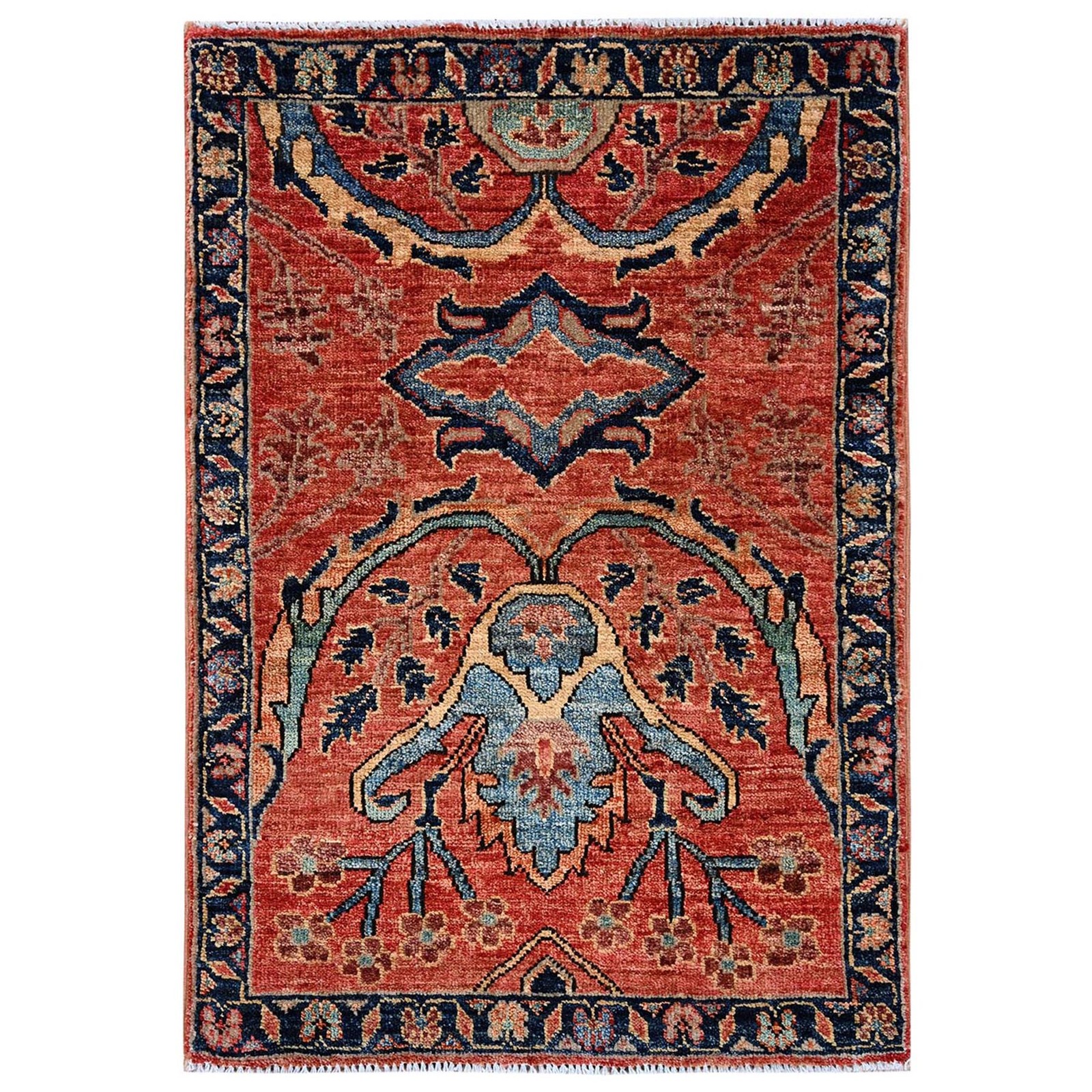 2’1″x3′ Coral Orange Heris All Over Design Hand Knotted Soft Wool Mat Rug 2400