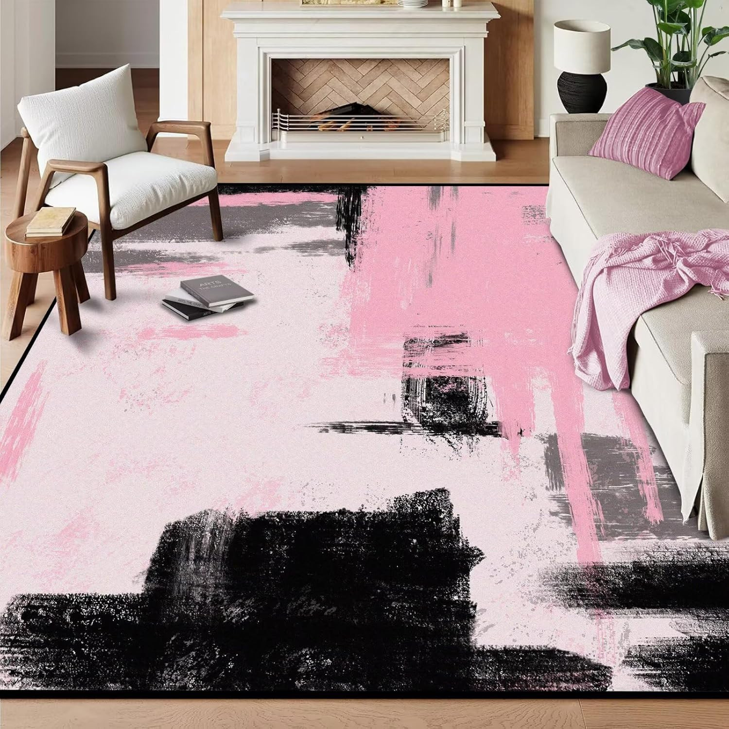 Pink and Black Abstract Area Rug 6′ x 9′ for Bedroom Living Room Decor