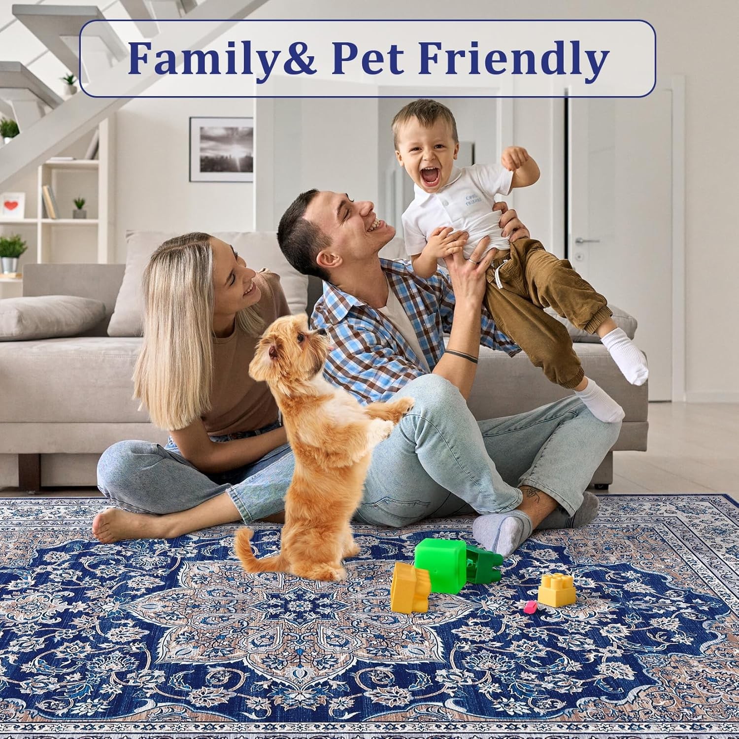 US Washable Area Rug Low-Profile Non-Slip Backing Durable Edge Bind Vintage Rugs