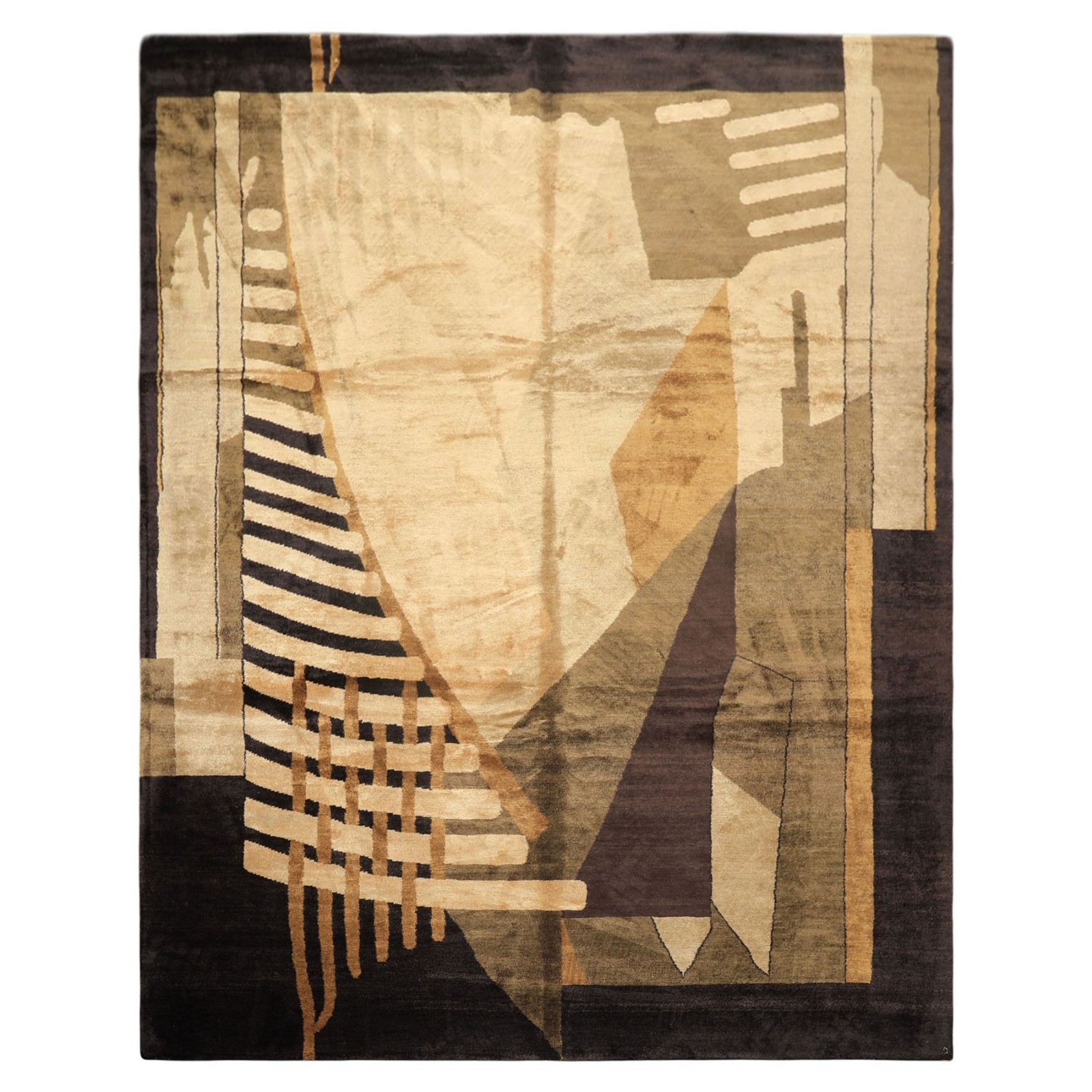 8×10 Hand Knotted Wool & Pure Silk Charcoal, Olive Tibetan Art Deco Designer Rug