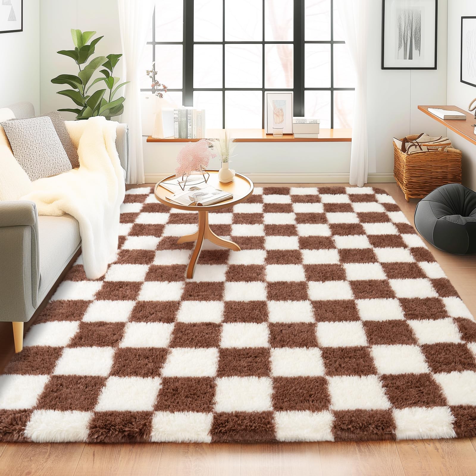 Quntue Checkered Rugs for Bedroom, 4×6 Ultra Fluffy Fuzzy Shag Area Rug for Livi